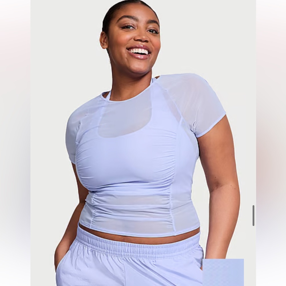 Pink Victoria’s Secret Mesh Ruched Tee Workout Soft Mesh Athletic Festival Shirt